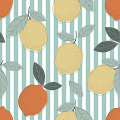 Canvas Print - Lemon fruits with leaves form a seamless pattern on a light blue striped background for fabrics, textiles and wrapping paper. Vector.