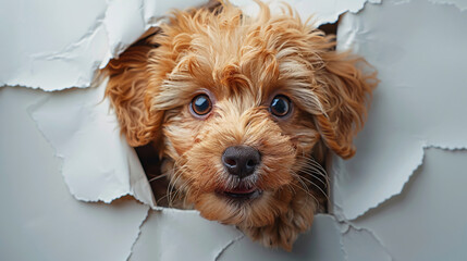 Wall Mural - An adorable puppy peeking its head through a hole in a wall, with a curious and playful expression on its fluffy face