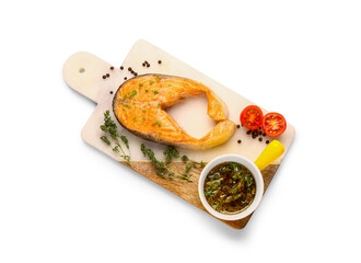 Wall Mural - Board of tasty fried salmon steak on white background