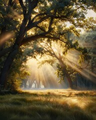 Canvas Print - Sunlight filters through the trees in a serene forest clearing, casting golden rays on the lush grass