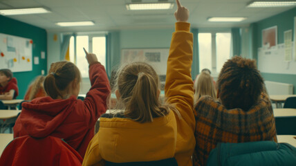 Wall Mural - teaching in a classroom in Denmark, there are many small students and the picture is taken from behind with one student raising one finger.generative ai