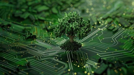 Poster - tree growing on the converging point of computer circuit board. green computing, technology, it, csr