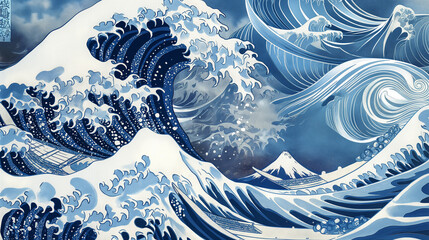 Wall Mural - A painting of a wave with mountains in the background