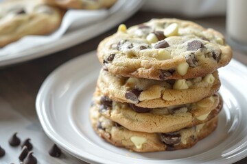 Wall Mural - Stack of freshly baked chocolate chip cookies with white and dark chips