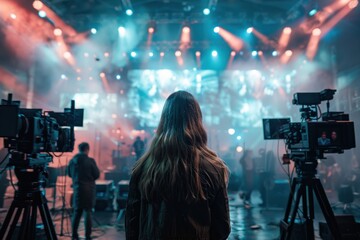 A Moment of Anticipation: A Woman Stands Center Stage Under the Spotlight at a Live Event