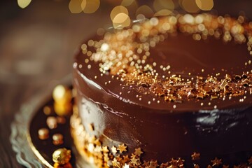 Sticker - Closeup of a decadent chocolate cake with glistening gold stars and bokeh