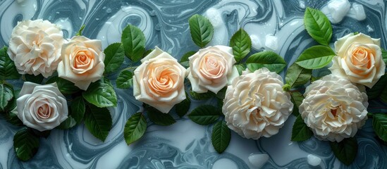 Poster - White Roses on a Swirling Blue and White Background