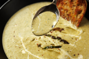 Wall Mural - Asparagus and mint cream soup with sour dough toast bread