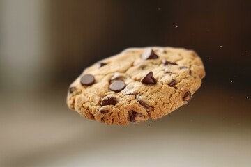 Poster - Closeup of a floating chocolate chip cookie with a soft focus backdrop