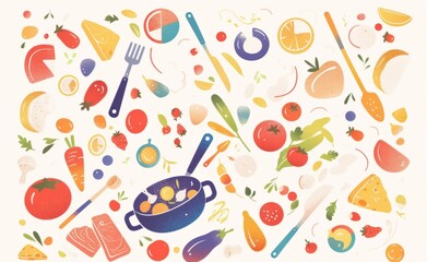 Wall Mural - minimalist line drawing of kitchen utensils and ingredients floating on white background with copy s