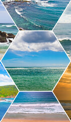 Poster - Nature landscape view of beautiful tropical beach and sea in sunny day. Colorful collage. Vertical photo.