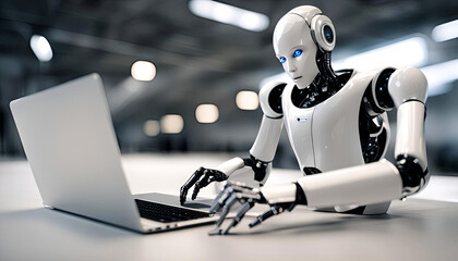 Poster - White Humanoid Robot Uses Laptop in Modern Office