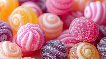 Wall Mural -   A close-up of candies with icing, in shades of pink, orange, yellow, and white