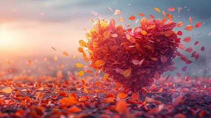 Wall Mural -   Heart-shaped paper flies through red-yellow leaf field, sun in background