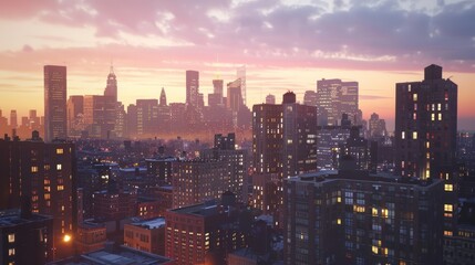 Wall Mural - A city skyline at dusk with the sun setting in the background