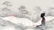 © MindShiftMasteryHub - A woman sits in a meditative pose amidst a foggy forest, minimal illustration of meditation