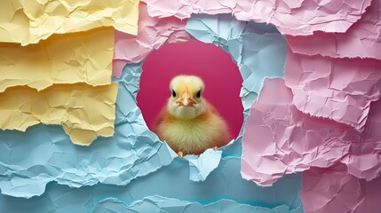 Poster -   Close-up portrait of a chicken peering through a hole in pastel-colored paper