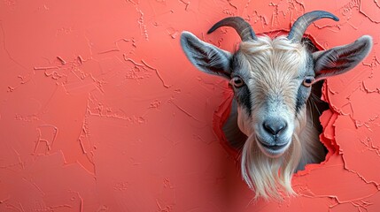 Wall Mural -   A goat's head protruding from a red wall with splattered paint