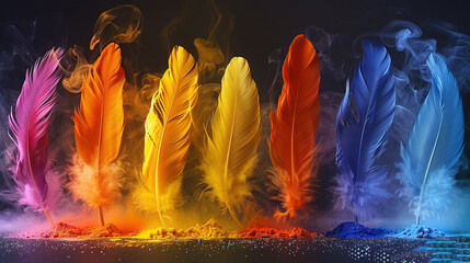 Wall Mural -   A collection of vibrant feathers resting atop a dark background with emanating smoke