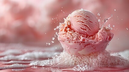   Two scoops of ice cream spill out of a bowl on a pink tablecloth