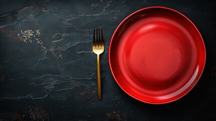 Wall Mural -   A golden fork and knife rest on a red plate set against a black background