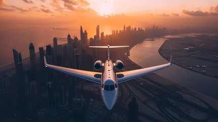 The plane flies in the sky above the city. A private jet flying over the city of Dubai.