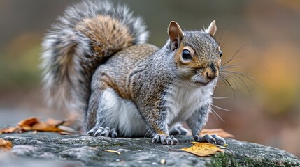 Wall Mural -   A squirrel sits atop a rock, with a clear focus on the leaf in the foreground while the background remains blurry