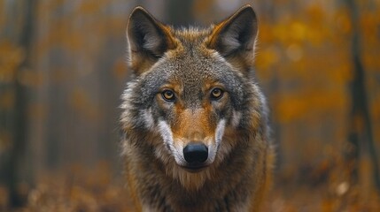 Wall Mural -   Wolf face close-up in wooded area with yellow and orange trees