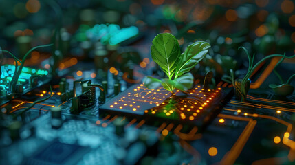 Green Plant Growing from Glowing Circuit Board. Integration and sustainability