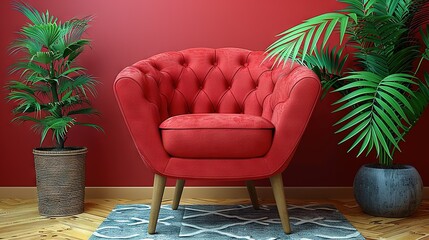 Wall Mural -  Red chair, wood floor, blue rug, potted plant