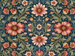 intricate patterns of leaves and flowers , in dark blue, red, green color on dark background, vintage floral background, wallpaper