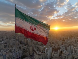 Wall Mural - Iranian Flag Over Cityscape at Sunset