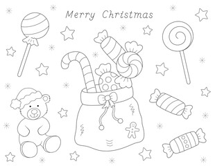 christmas coloring pages for kids. santa bag, candy and teddy bear. use standard 8.5 x 11 inch paper