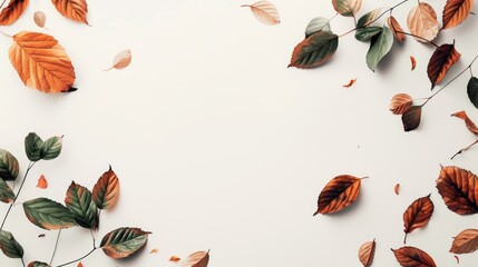 Fall themed flat lay design with leaves on white surface top view with space for text