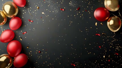 party-themed banner with red and gold balloons, confetti border on black background. space for anniv