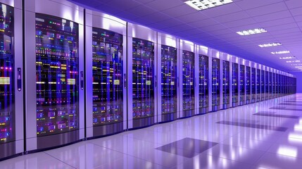Poster - Modern data center with rows of illuminated server racks in a high-tech, secure environment.