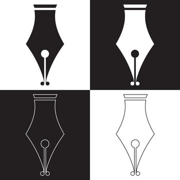 Black and white Fountain pen nib line icon set. Pen tool sign.  isolated on white and black background. Vector Illustration. EPS 10