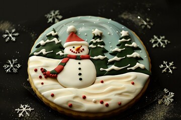 Sticker - Intricately decorated snowman cookie with a whimsical winter scene, perfect for holiday celebrations