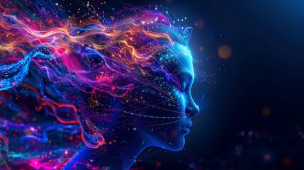 Wall Mural - side profile of a virtual woman with glowing hair on blue background. abstract artificial intelligen
