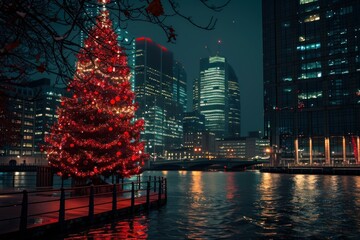 Poster - Illuminated christmas tree on a riverside promenade with urban skyscrapers in the background at dusk