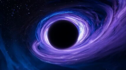Wall Mural - Swirling purple and blue black hole with light bending around its event horizon in the vast cosmos.