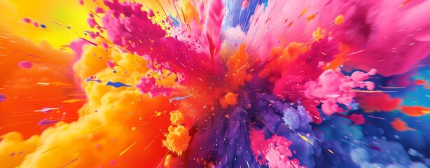 Wall Mural - Explosion of multicolored holi powder. Splash of bright colorful paint. Abstract pattern of colored dust burst. Colorful art background.