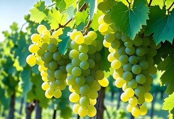 Clusters of green grapes hanging on a vine with leaves, in a sunny vineyard