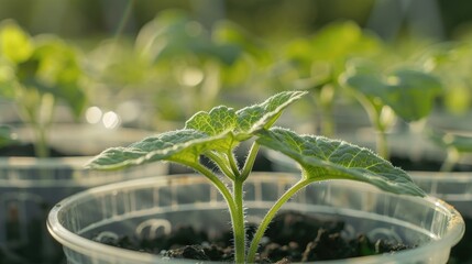 Poster - Cucumber seedlings growing in transparent pot in greenhouse copy space