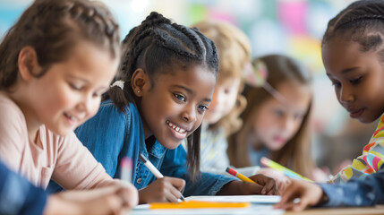 Wall Mural - a diverse group of children working together on a classroom project, inclusive and respectful, upper