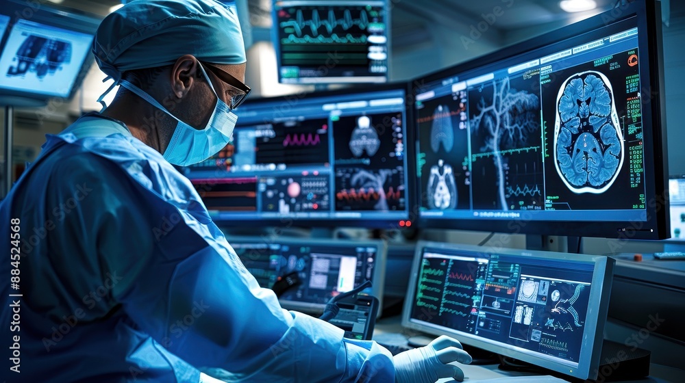 Medical professional monitoring brain activity on multiple screens in a ...