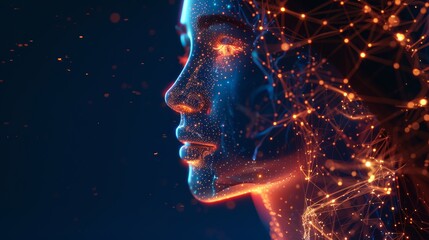 Wall Mural - side profile of a virtual woman with glowing hair on blue background. abstract artificial intelligen