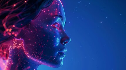 Wall Mural - side profile of a virtual woman with glowing hair on blue background. abstract artificial intelligen