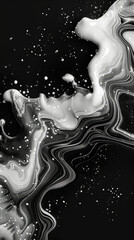 Poster - Abstract Black and White Liquid Swirl with White Particles, Modern Luxurious Art, Monochrome Fluid Dynamics, Slick Marble Texture, Decorative Wallpaper for Interior Design, Aesthetic Art Background