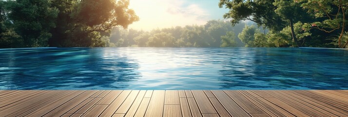 Wall Mural - Empty wooden deck with swimming pool